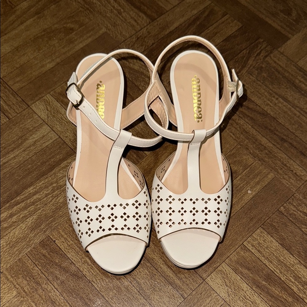 Cream Laser-Cut Heels with Ankle Strap